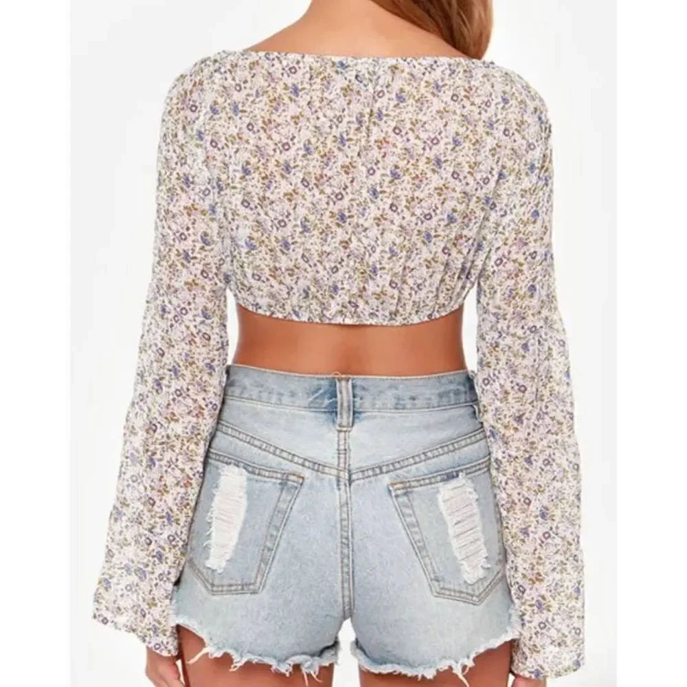 For Love & Lemons La Flor Ivory Floral Print Crop Top sz XS - Picture 2 of 6